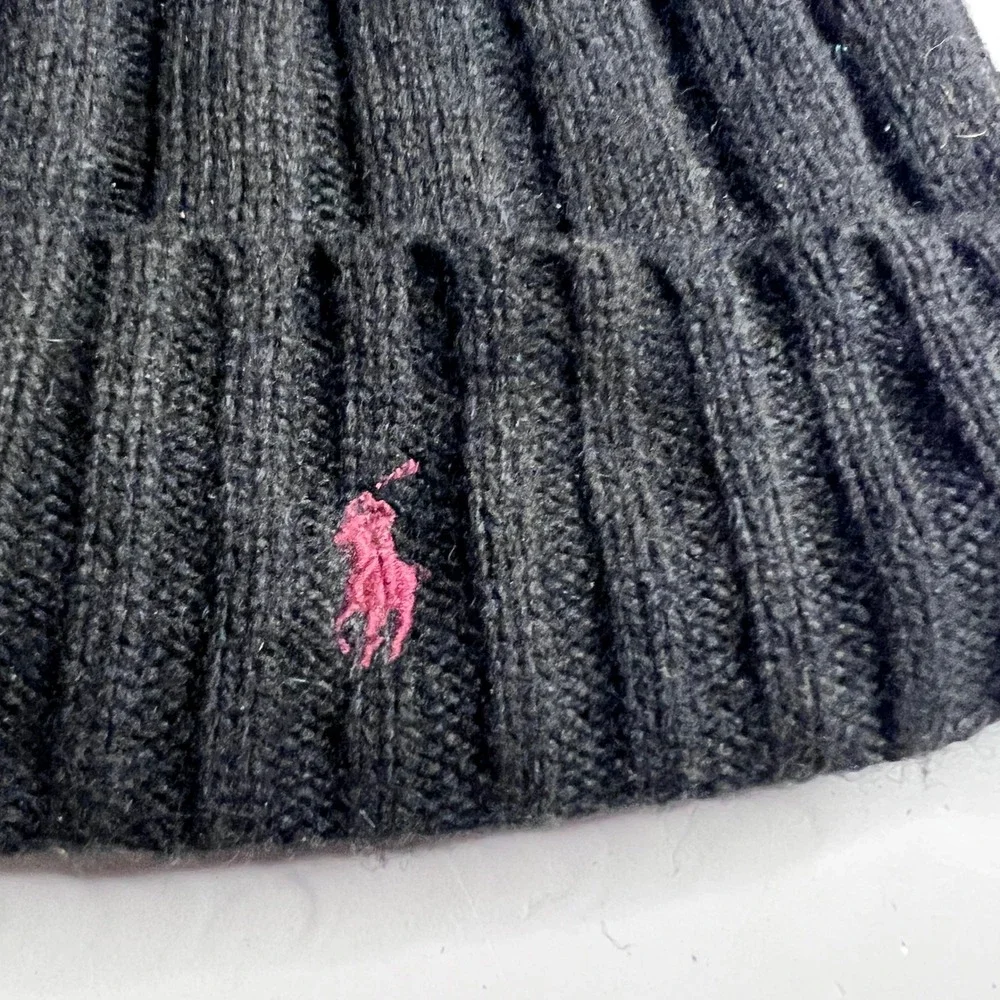 Polo‎ Ralph Lauren Ribbed Beanie Black Pink Pony Logo Knit Hat Mens Womens